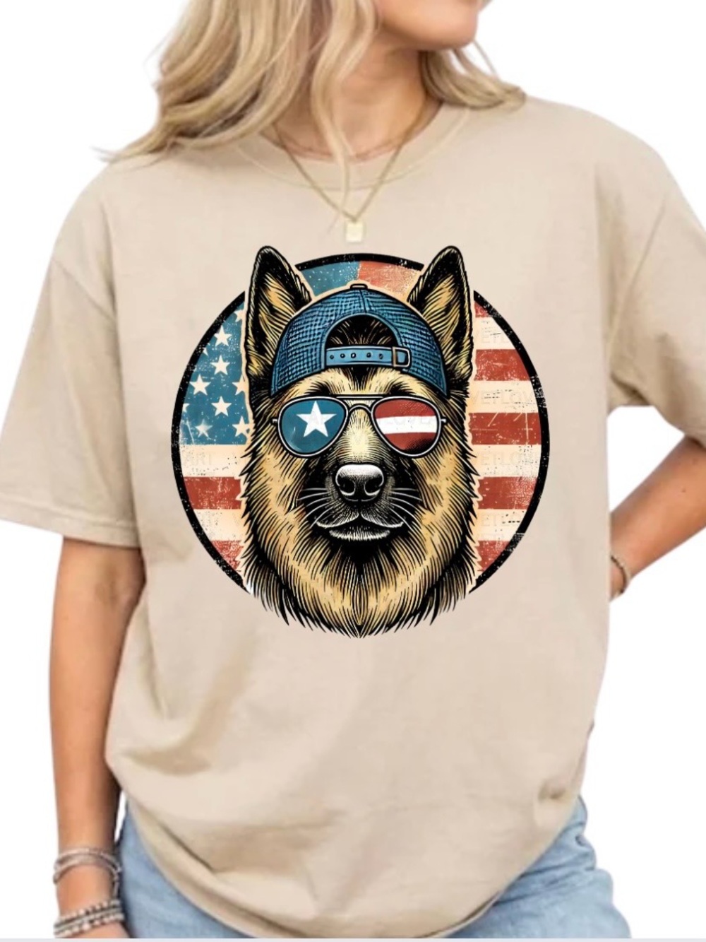 🇺🇸🐾Beige Patriotic German Shepherd Graphic Dog Tee 🇺🇸🐾